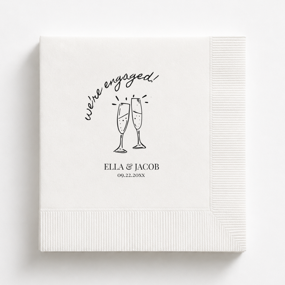 We're Engaged Champagne Flutes engagement napkins personalized with names and date