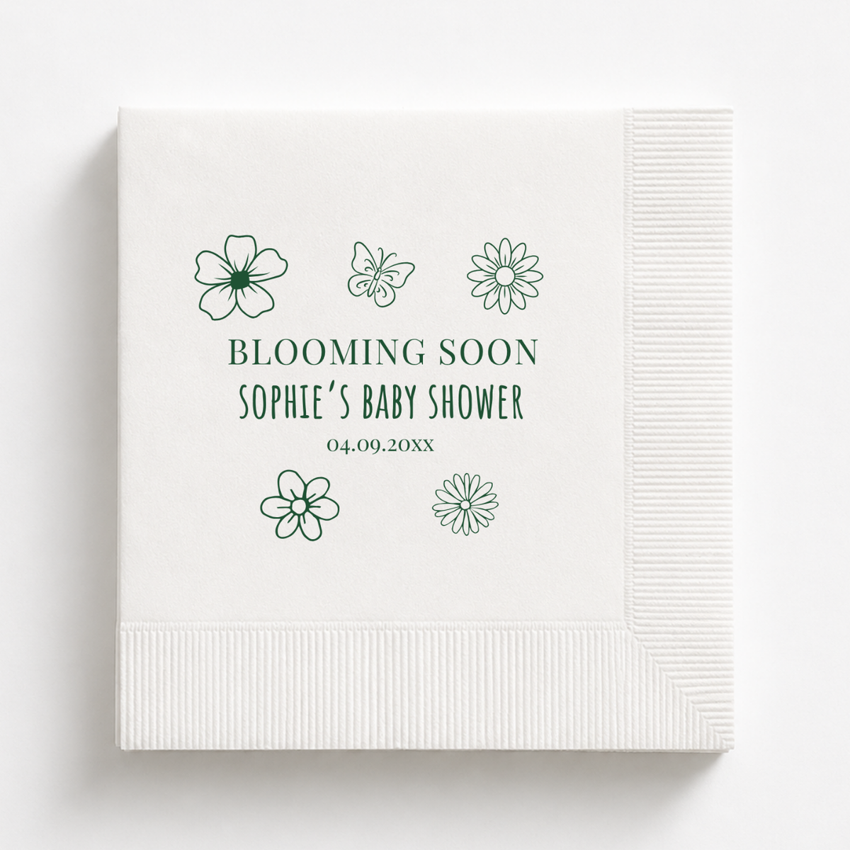 Blooming Soon baby shower napkins personalized with a name and date