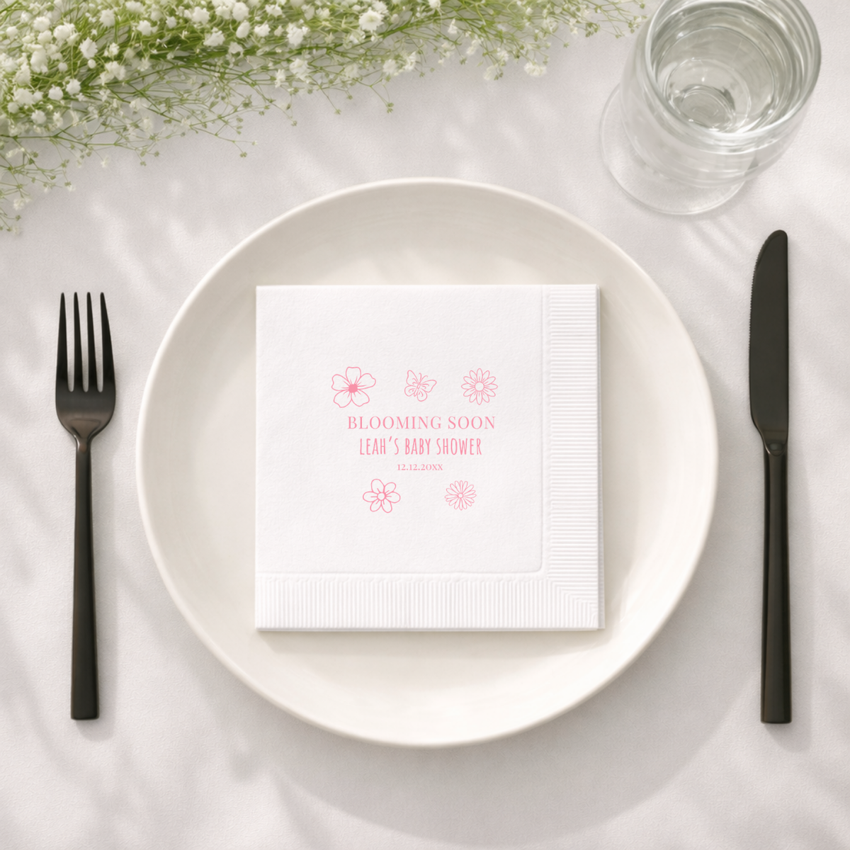 Custom baby shower napkins with the Blooming Soon design