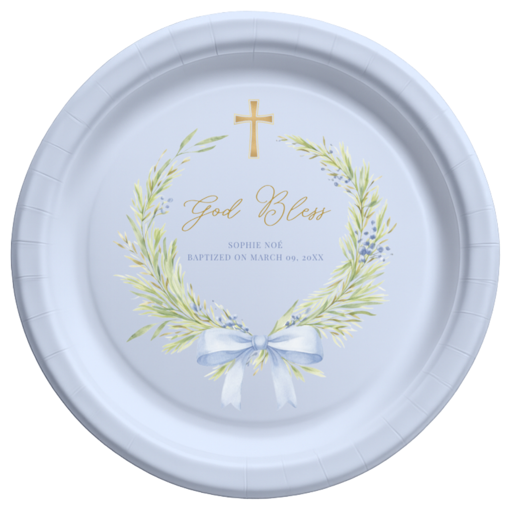 Greenery Wreath & Bow | Name & Date | Personalized Baptism Plates