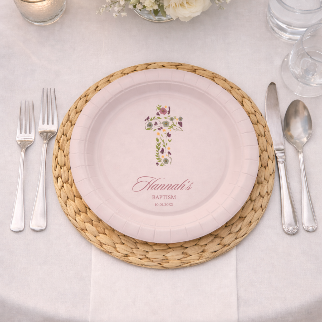 Floral Cross | Name & Date | Personalized Baptism Plates
