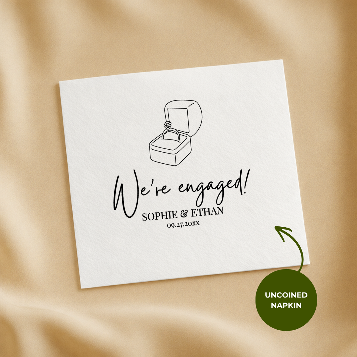 Custom engagement napkins in cocktail, luncheon and guest towel sizes, We're Engaged Ring Box design