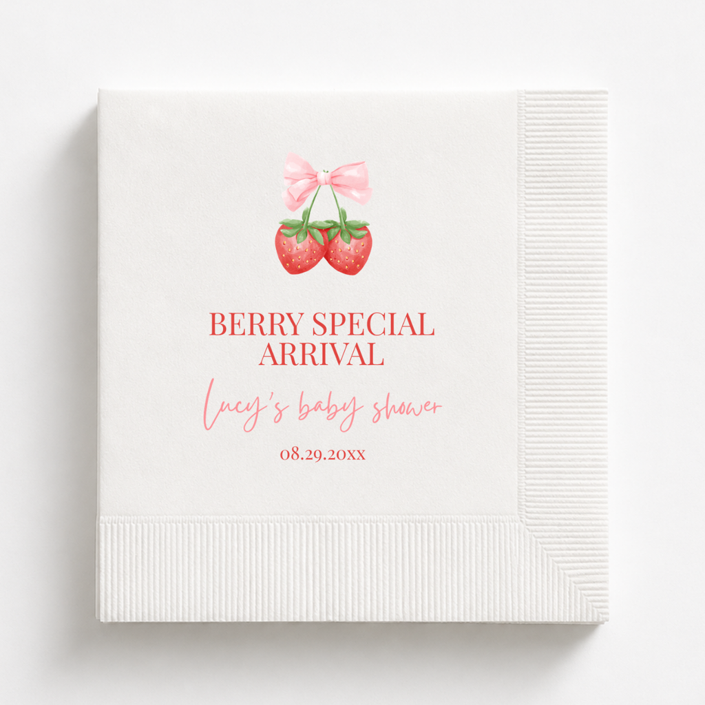 A Berry Special Arrival baby shower napkins personalized with a name and date