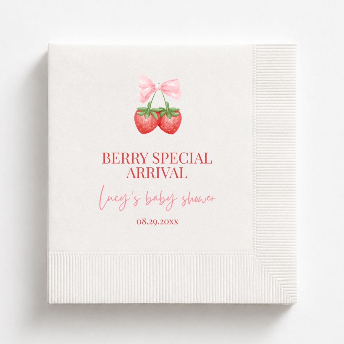 A Berry Special Arrival baby shower napkins personalized with a name and date