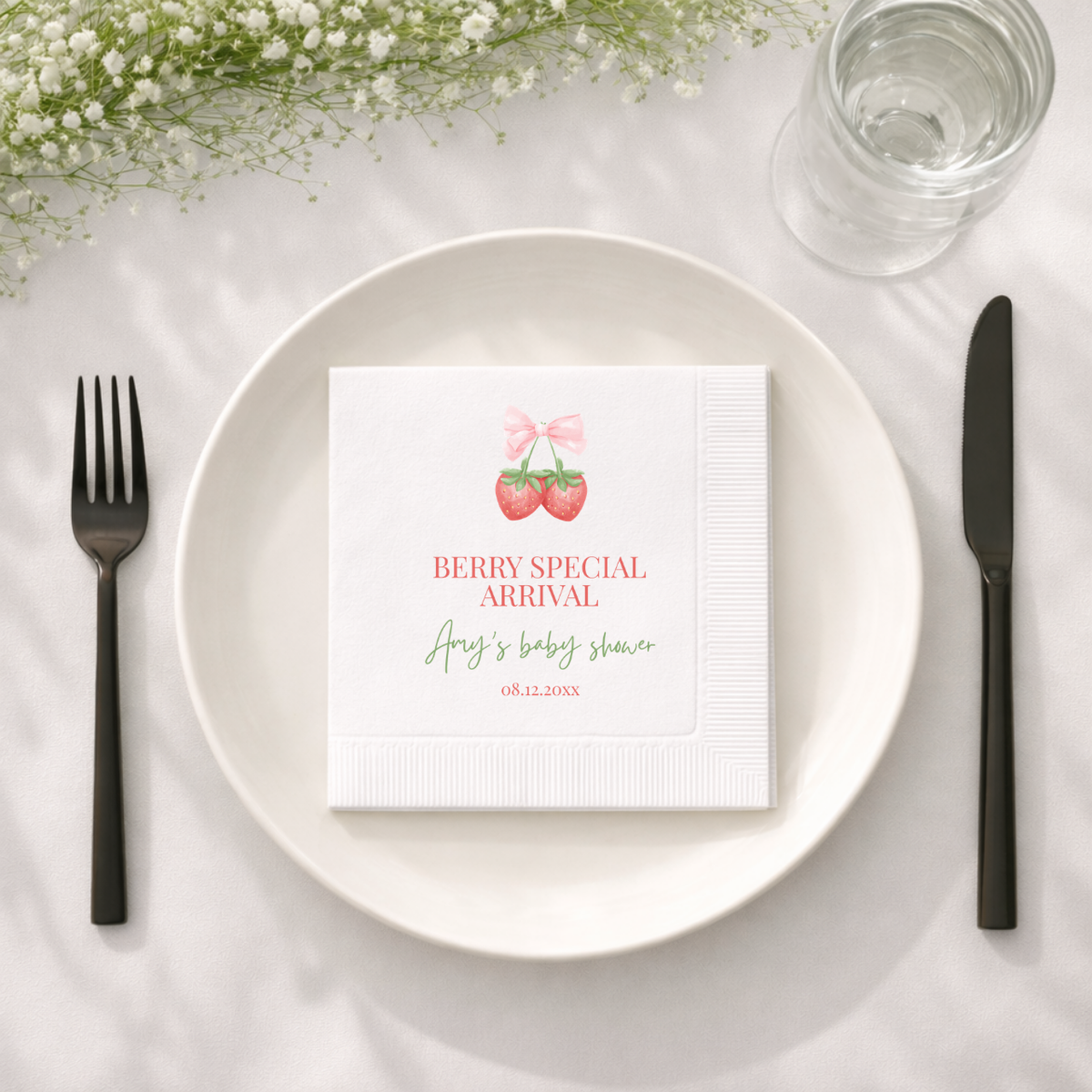 Close-up of the A Berry Special Arrival design on personalized baby shower napkins