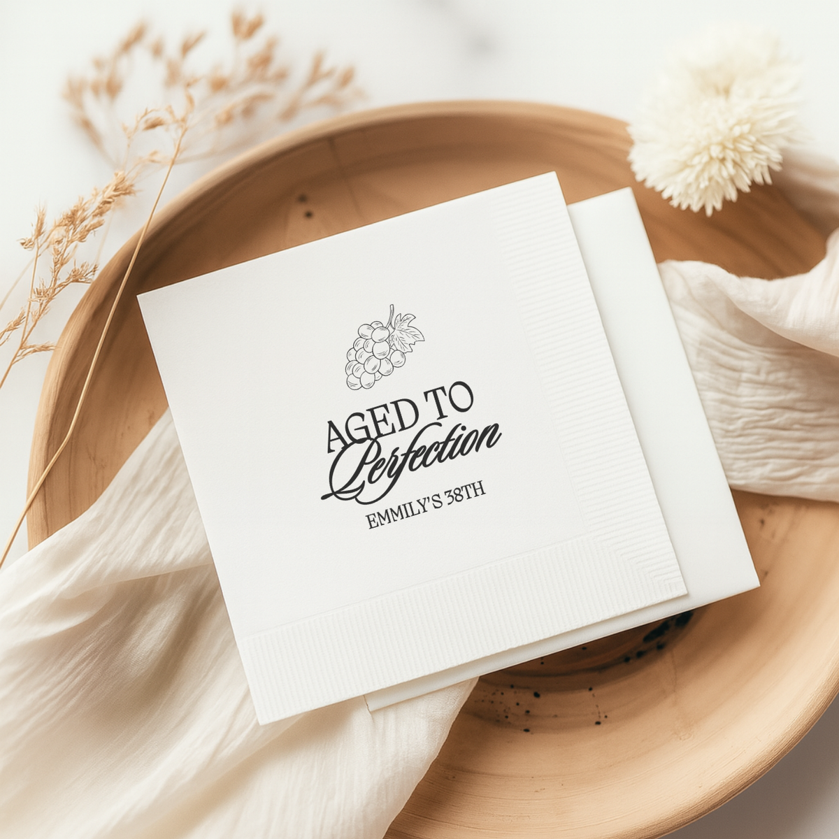 Custom birthday napkins with the Aged to Perfection Wine Bottle Script design