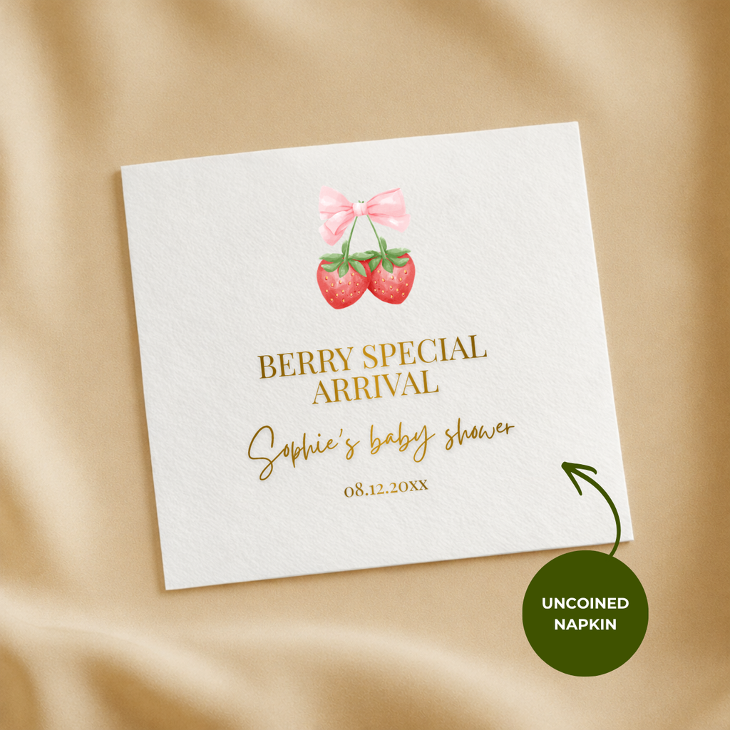 Custom baby shower napkins in cocktail, luncheon and guest towel sizes, A Berry Special Arrival design