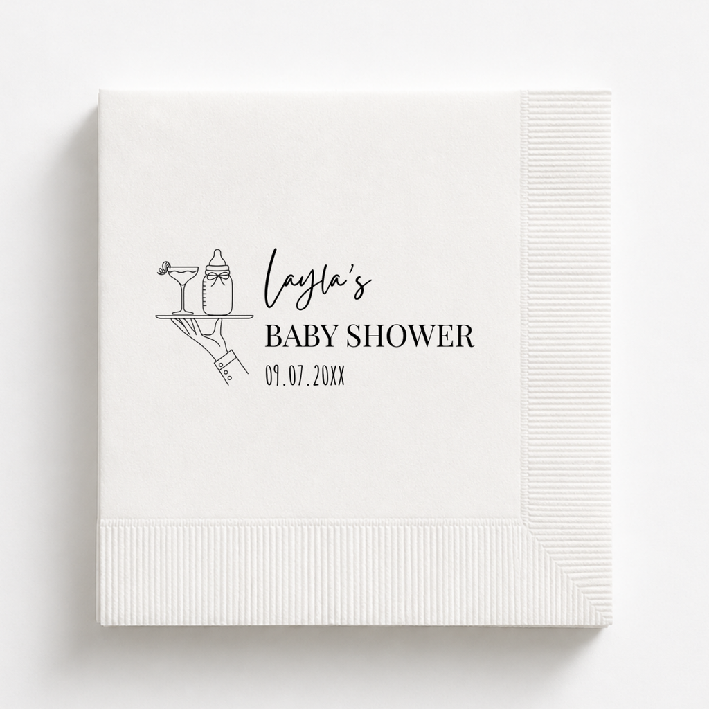 Cocktail Hour baby shower napkins personalized with a name and date