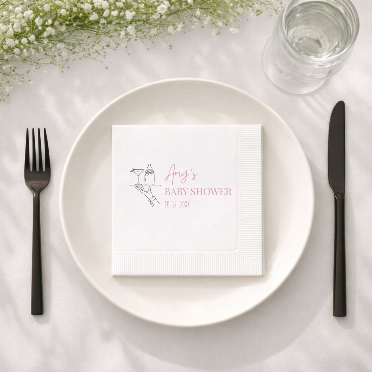 Close-up of the Cocktail Hour design on personalized baby shower napkins