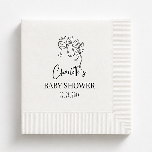 Bottle Cheers baby shower napkins personalized with a name and date