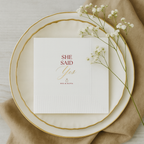 Close-up of the She Said Yes Ring design on personalized engagement napkins