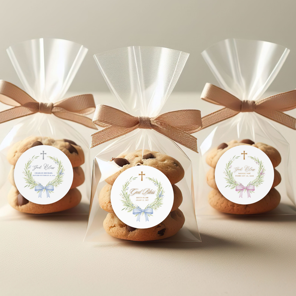 Greenery Wreath & Bow | Name & Date | Personalized Baptism Stickers