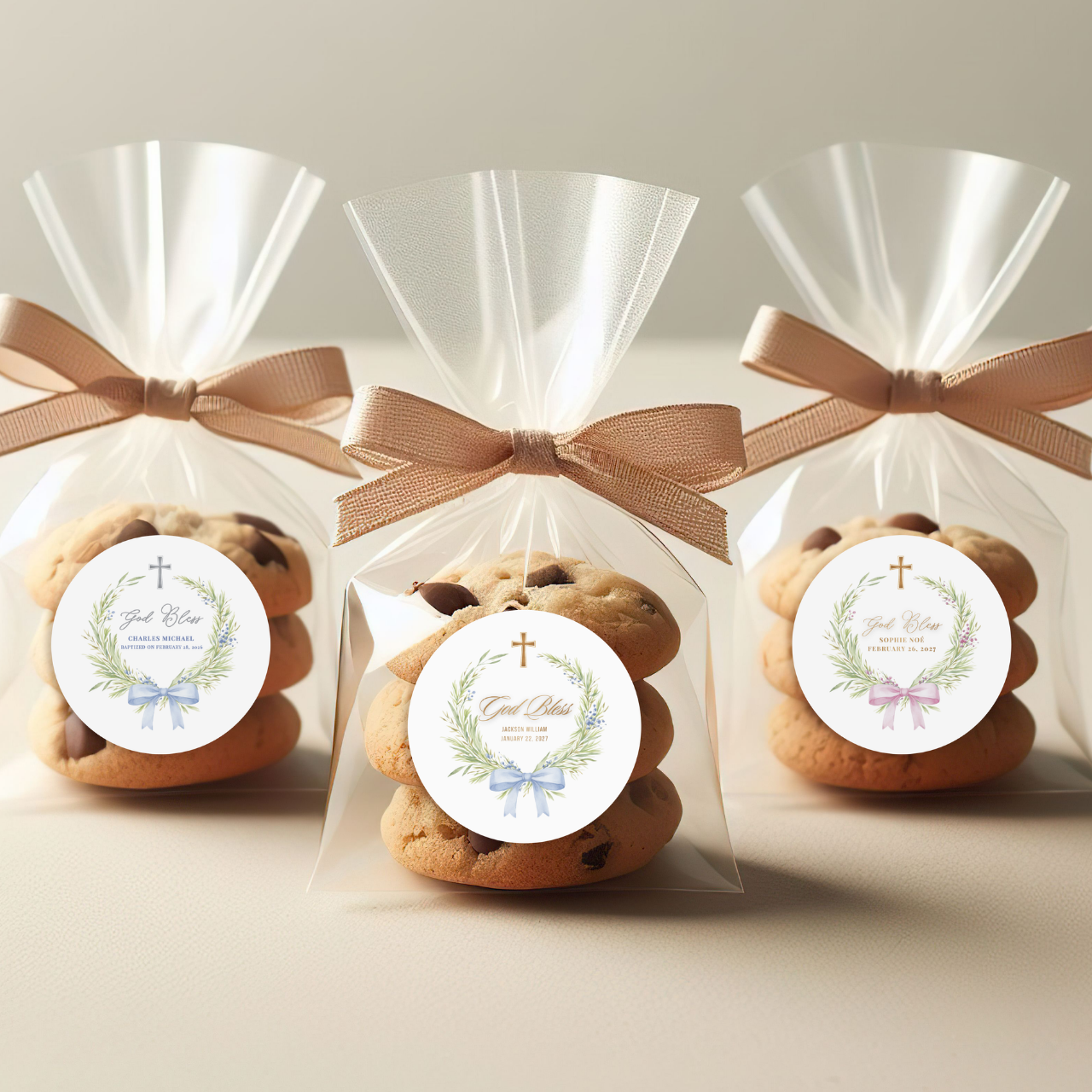 Greenery Wreath & Bow | Name & Date | Personalized Baptism Stickers