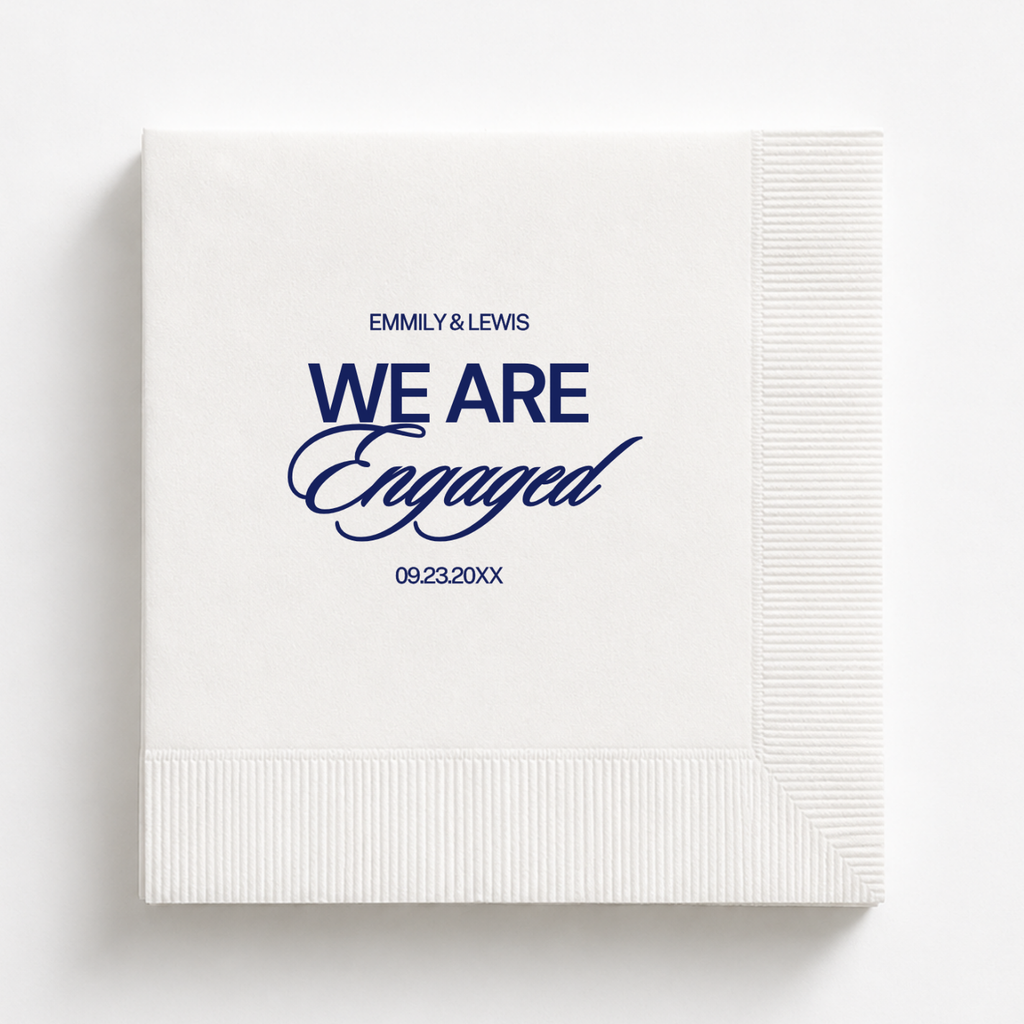 We Are Engaged Bold engagement napkins personalized with names and date