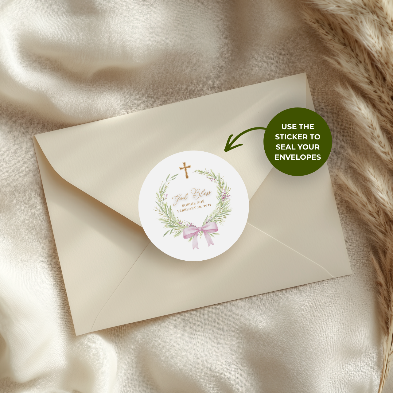 Greenery Wreath & Bow | Name & Date | Personalized Baptism Stickers