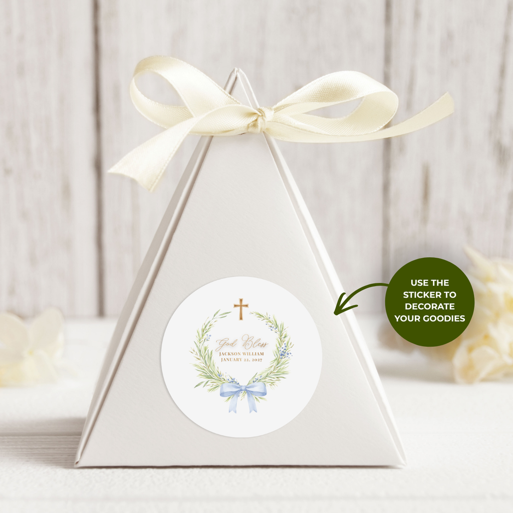 Greenery Wreath & Bow | Name & Date | Personalized Baptism Stickers