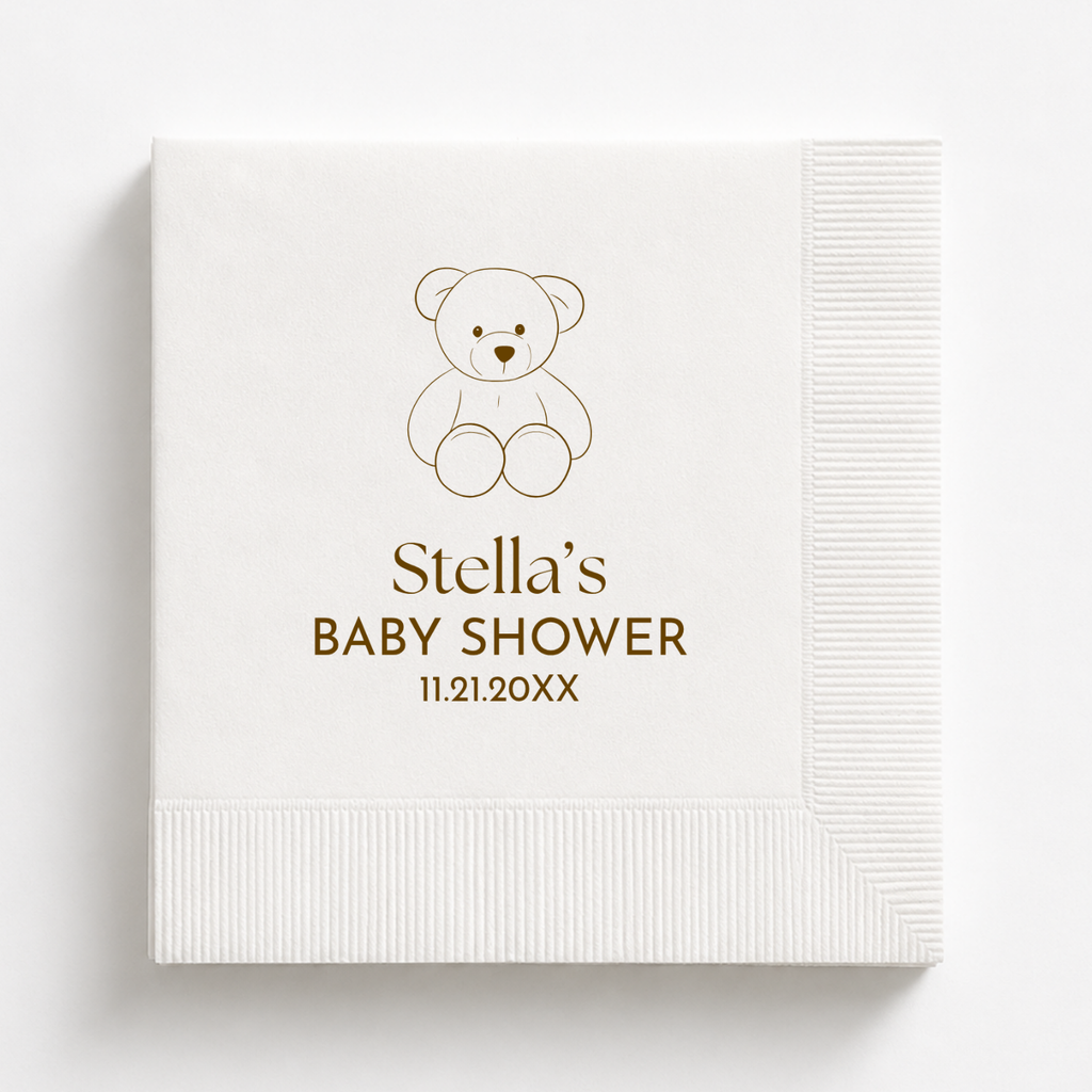 Teddy Bear baby shower napkins personalized with a name and date