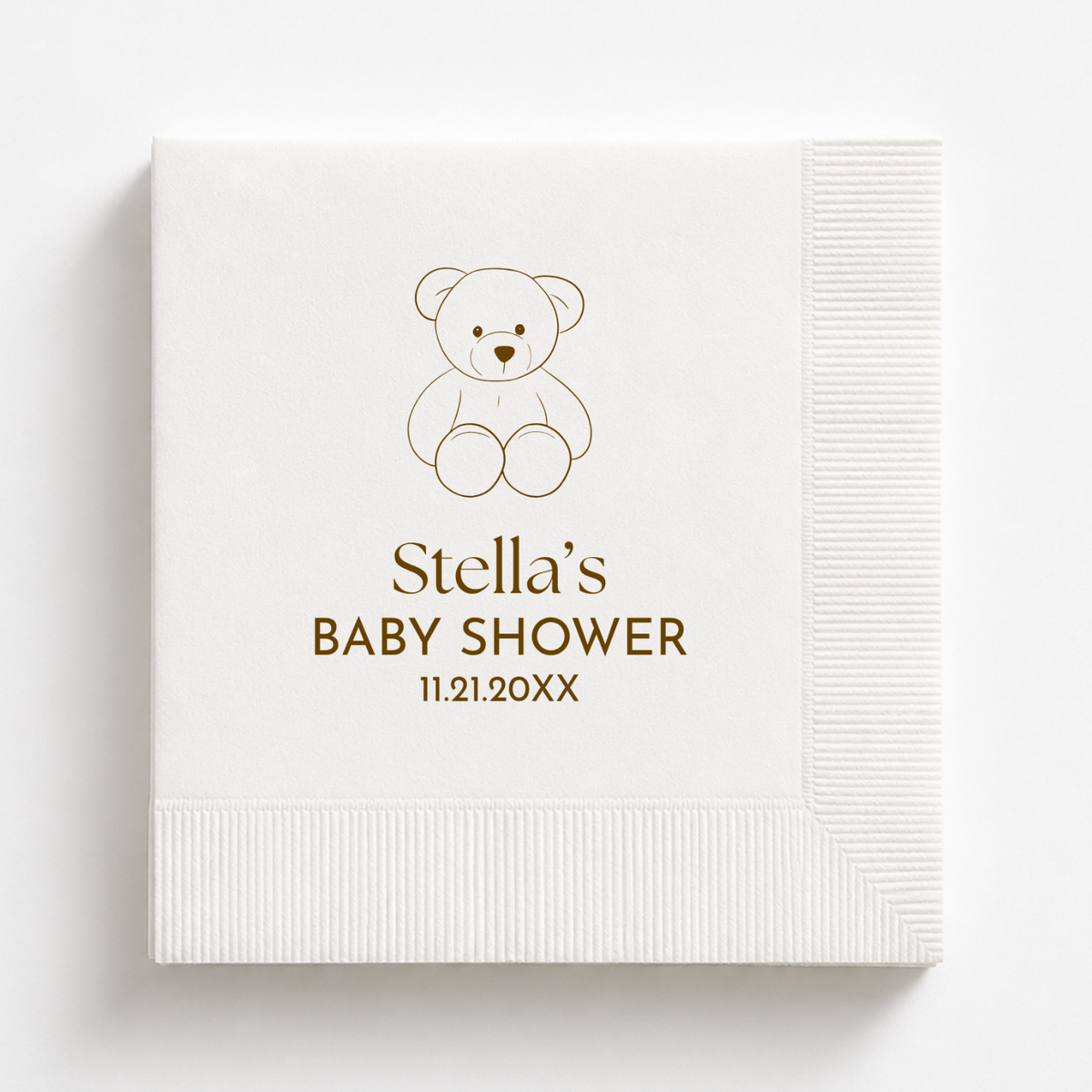 Teddy Bear baby shower napkins personalized with a name and date