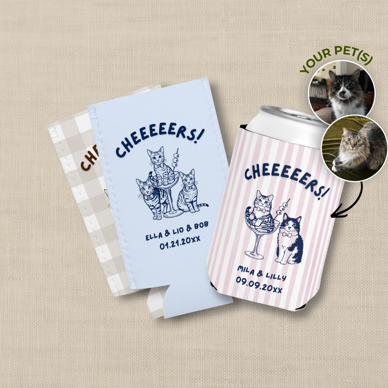 Cheers Cats in a Glass | Pets, Names & Date | Personalized Pet Wedding Can Coolers