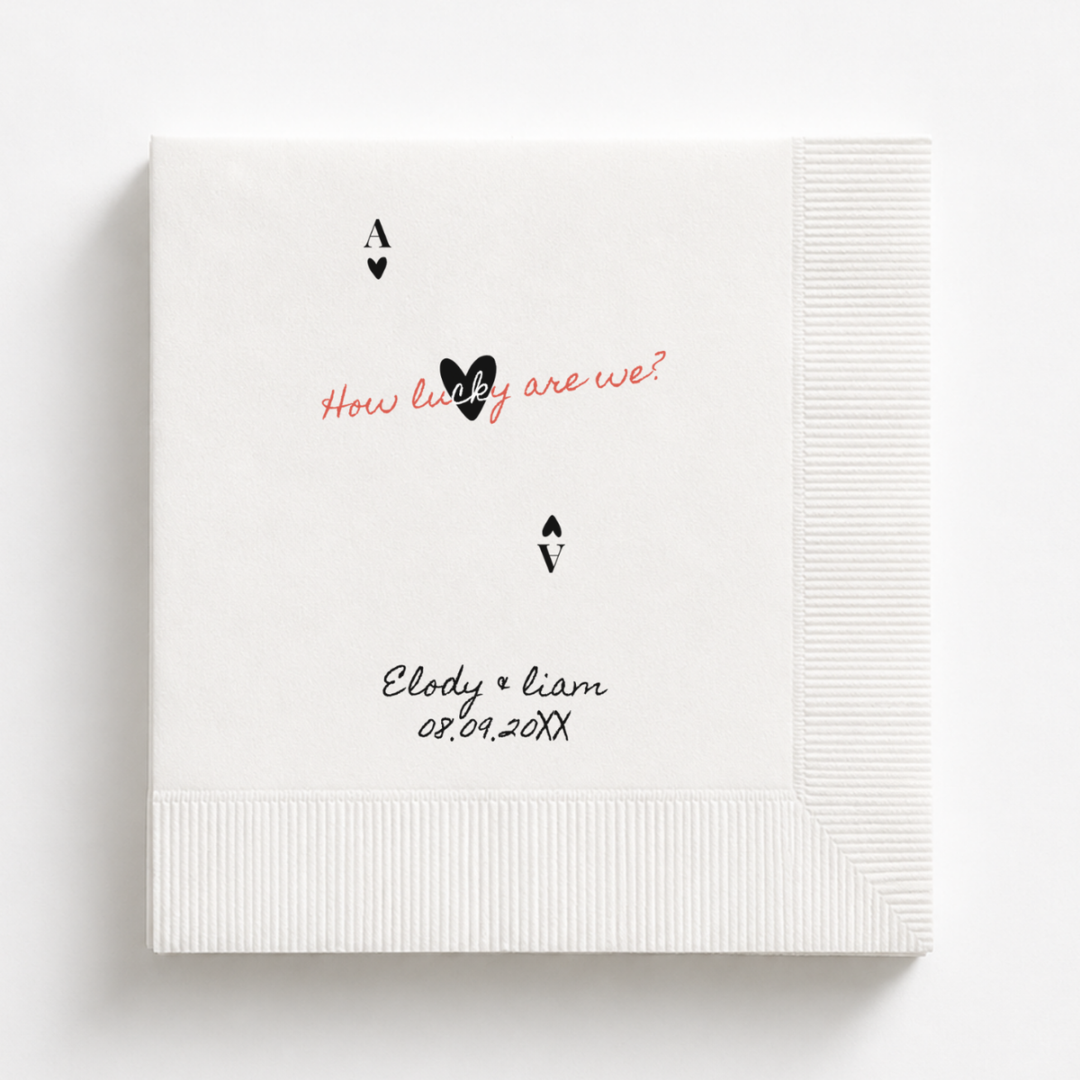 How Lucky Are We rehearsal dinner napkins personalized with names