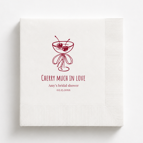 Cherry Much In Love bridal shower napkins personalized with a name and date