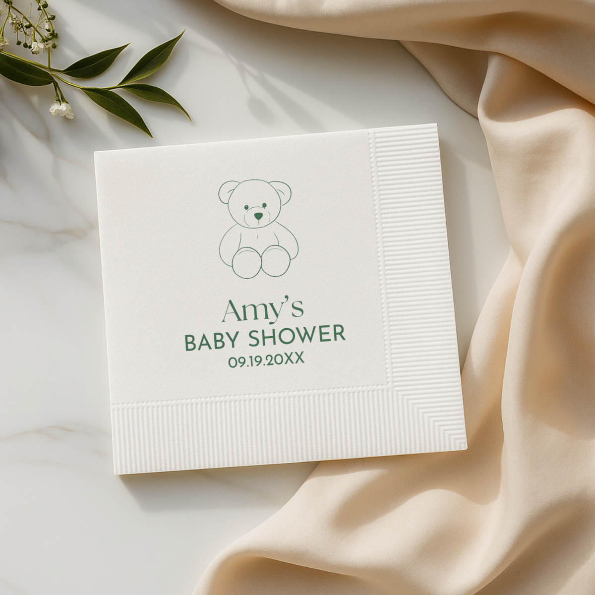 Close-up of the Teddy Bear design on personalized baby shower napkins