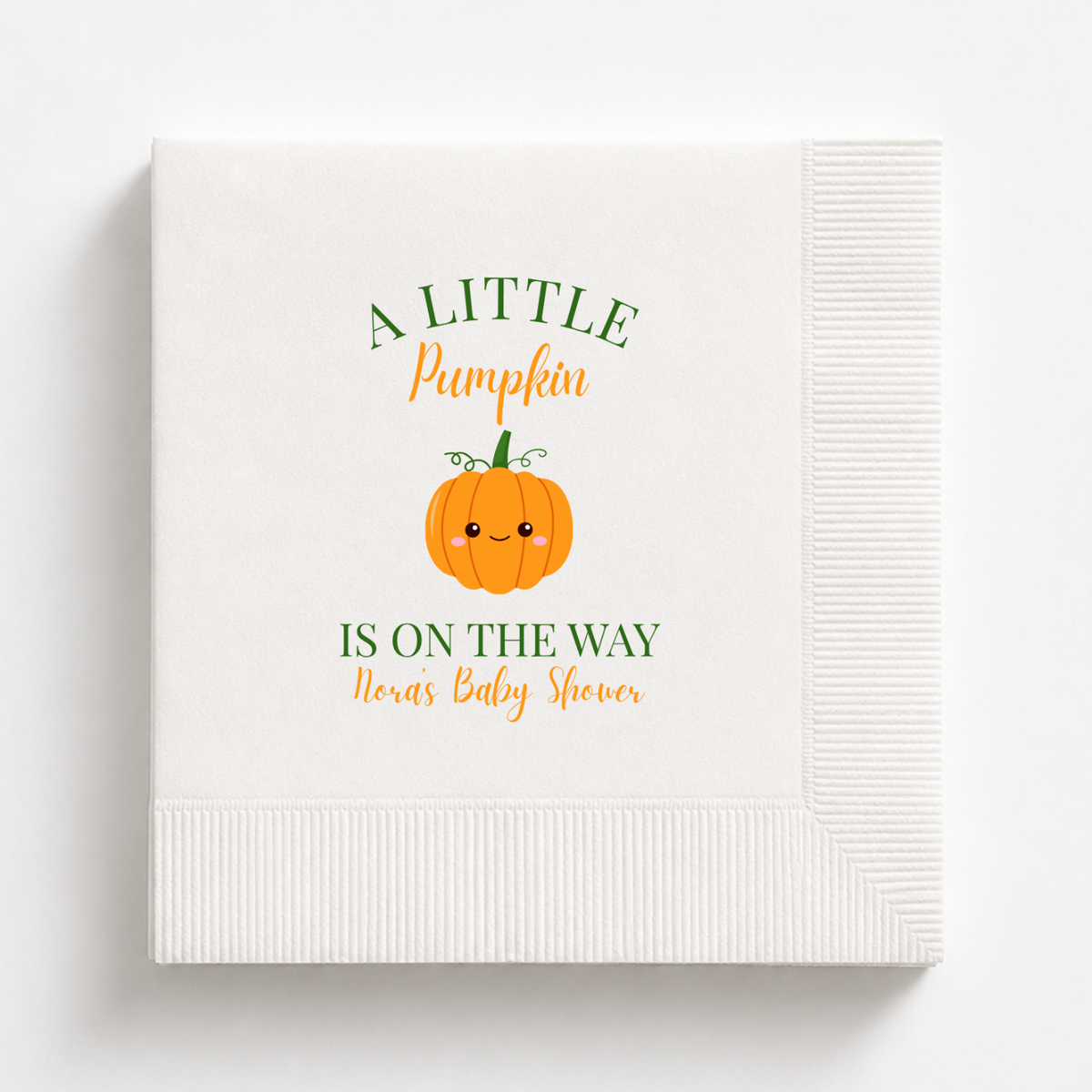 Little Pumpkin baby shower napkins personalized with a name and date