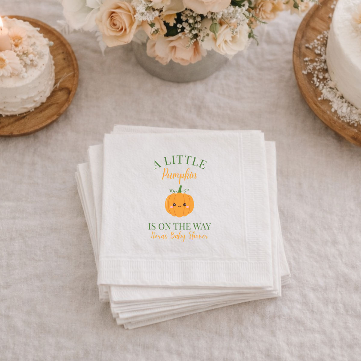 Custom baby shower napkins with the Little Pumpkin design