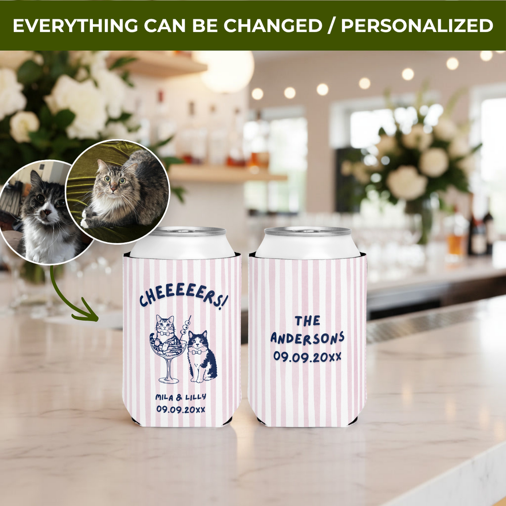 Cheers Cats in a Glass | Pets, Names & Date | Personalized Pet Wedding Can Coolers