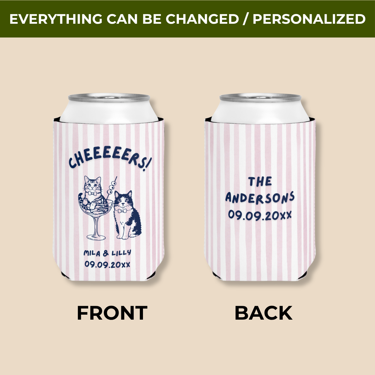 Cheers Cats in a Glass | Pets, Names & Date | Personalized Pet Wedding Can Coolers
