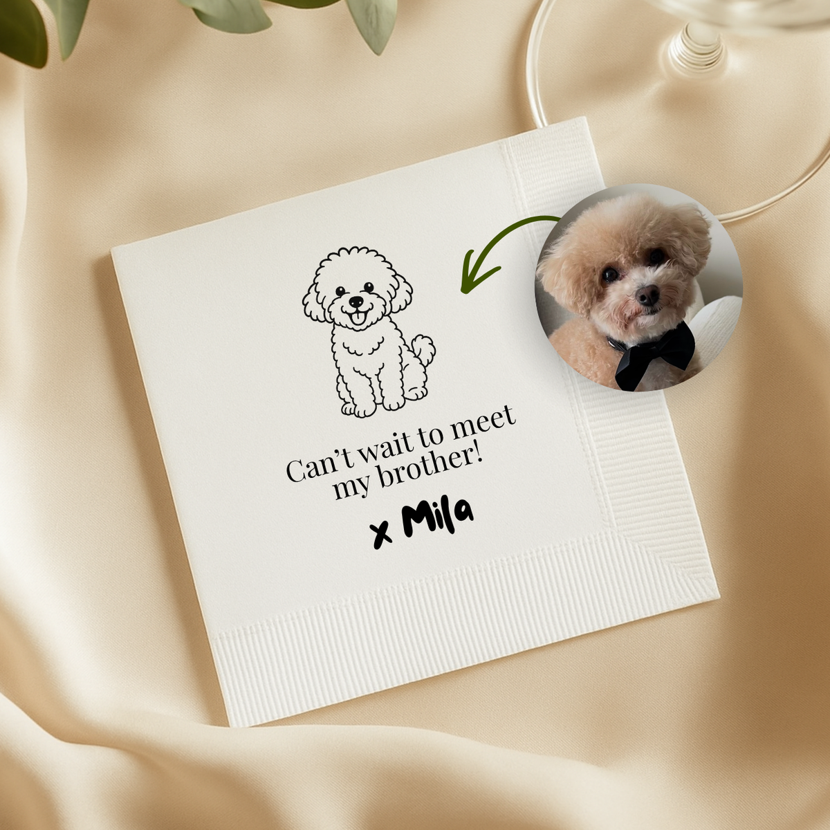 Custom baby shower napkins with the Dog Portrait Sibling Announcement design