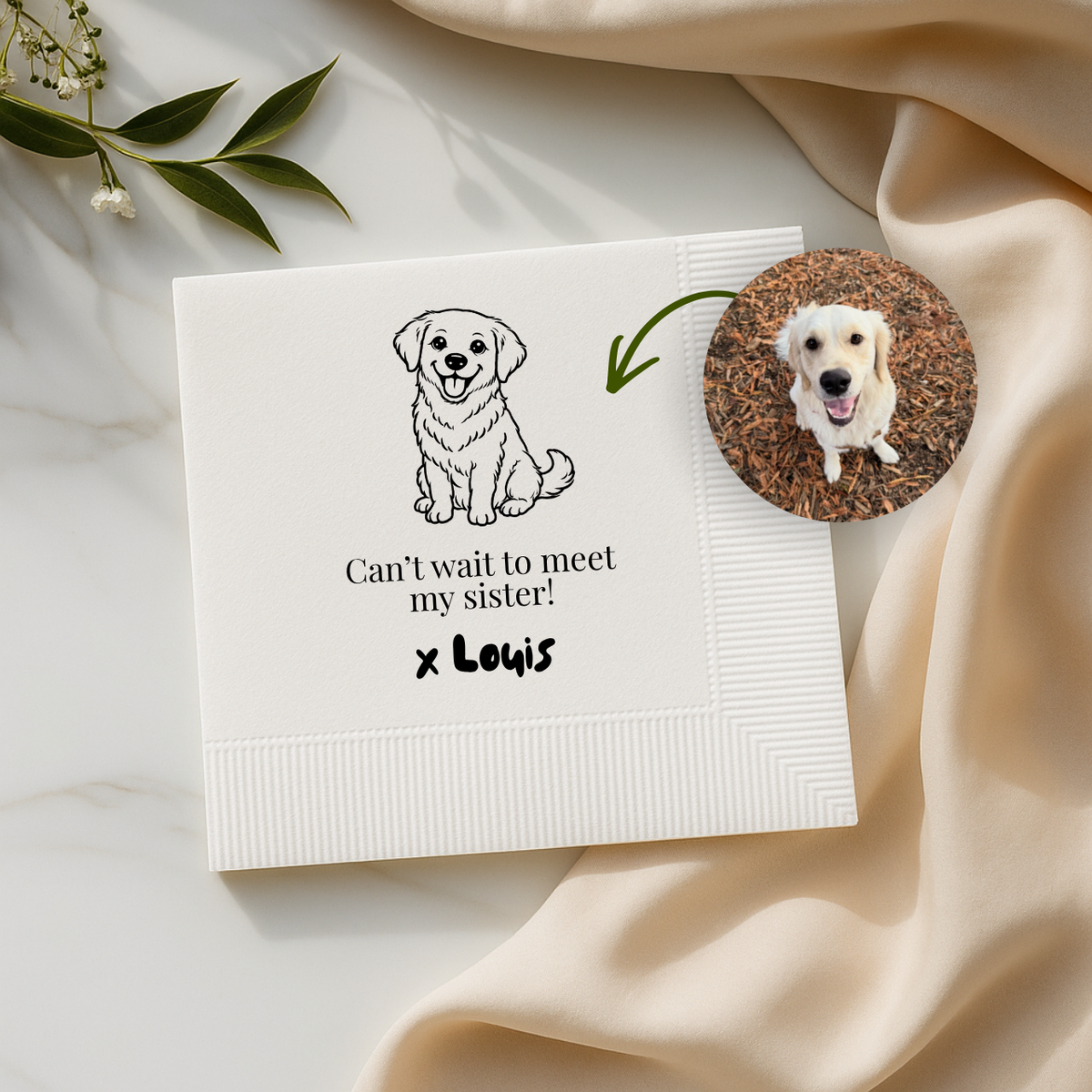 Close-up of the Dog Portrait Sibling Announcement design on personalized baby shower napkins