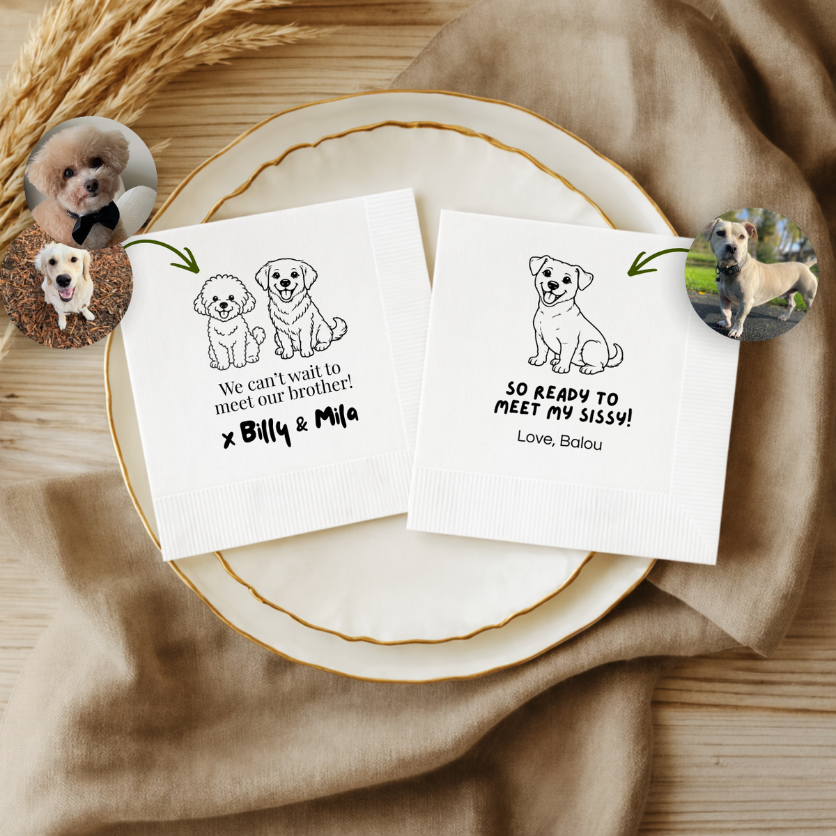 Dog Portrait Sibling Announcement baby shower napkins for the dessert table