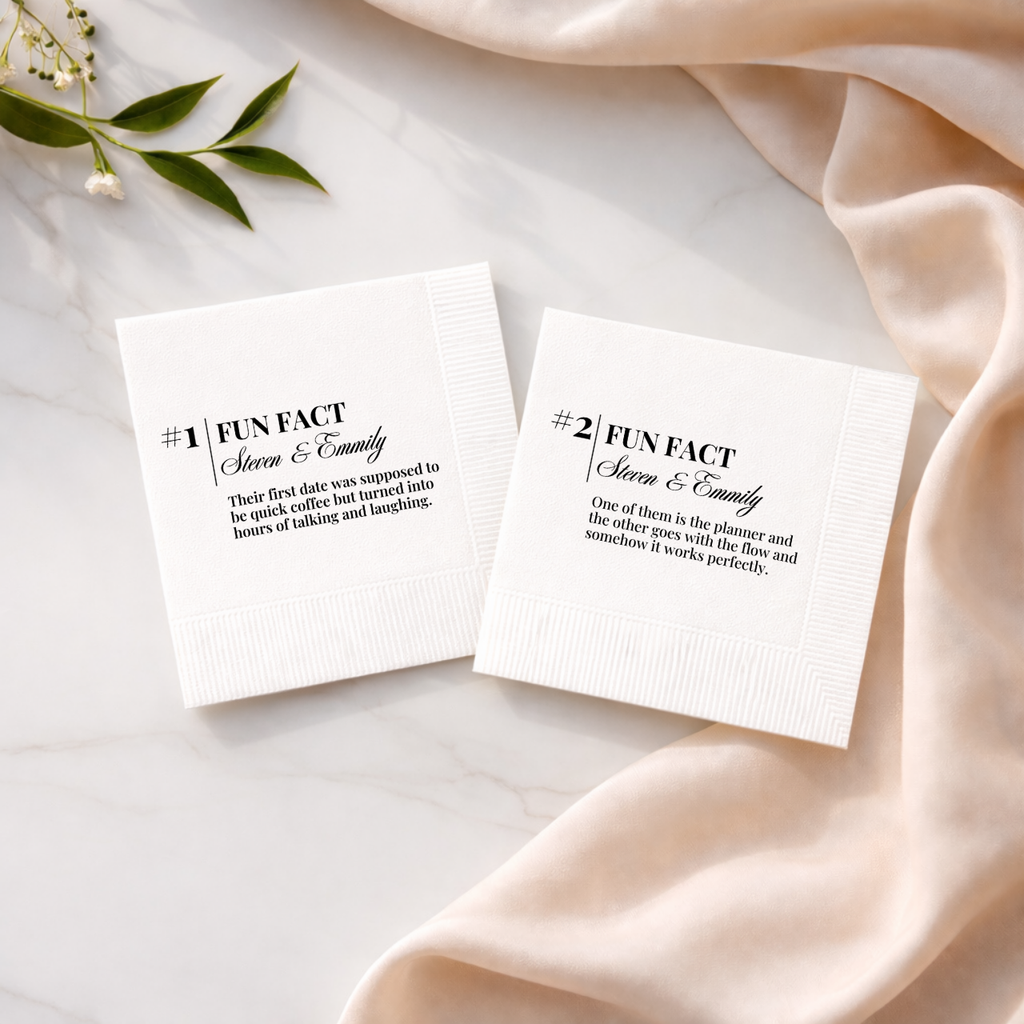 Elegant Numbered Fun Fact | Names & Your Fun Fact | Personalized Wedding Napkins