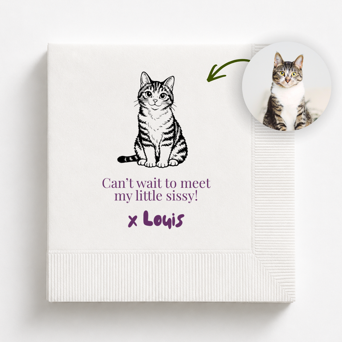Pet Portrait Sibling Announcement baby shower napkins personalized with a pet portrait and name