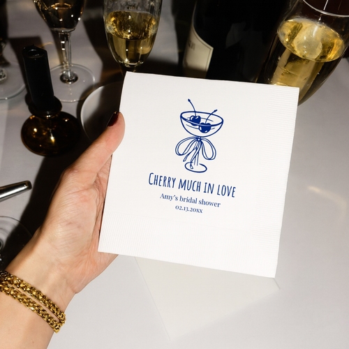 Custom bridal shower napkins with the Cherry Much In Love design