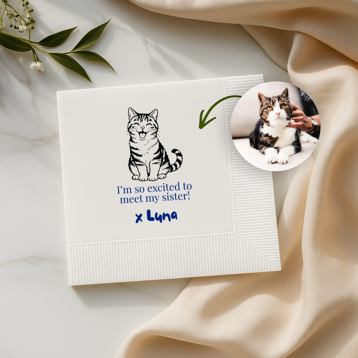 Close-up of the Pet Portrait Sibling Announcement design on personalized baby shower napkins