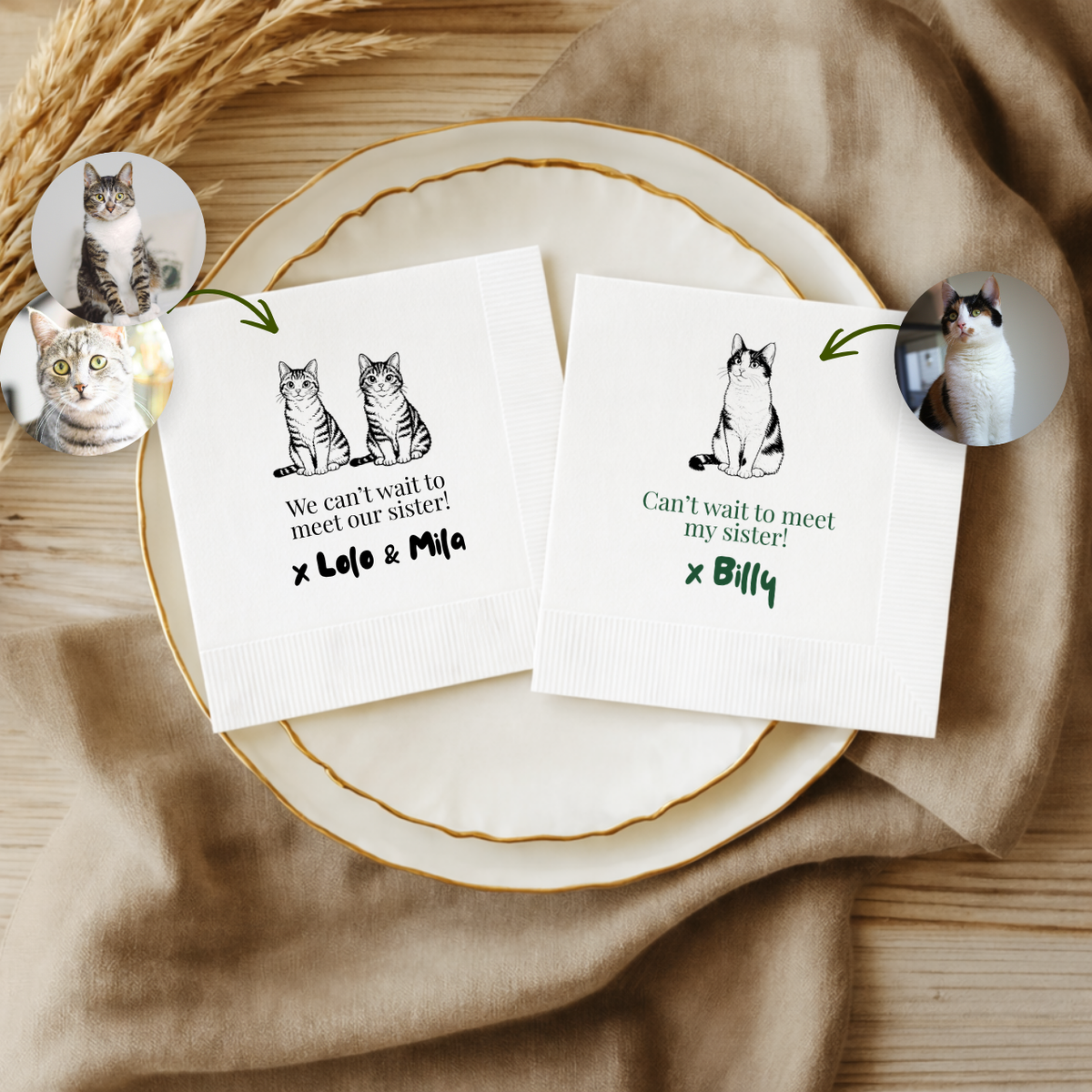 Pet Portrait Sibling Announcement baby shower napkins for the dessert table