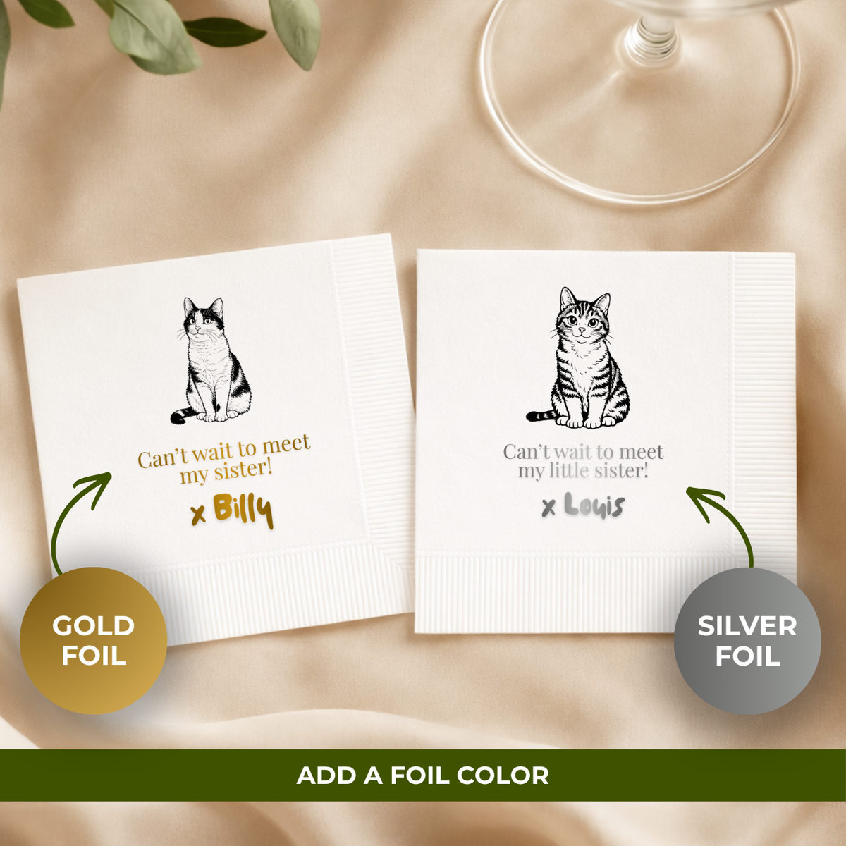 Pet Portrait Sibling Announcement baby shower cocktail napkins with custom wording