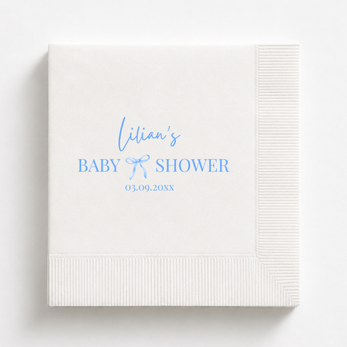 Coquette Bow baby shower napkins personalized with a name and date