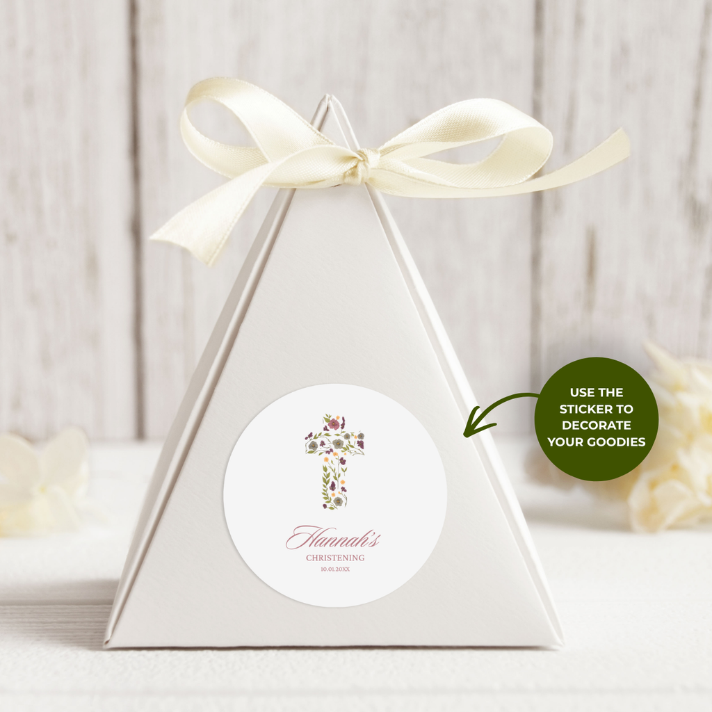 Floral Cross Christening | Name & Date | Personalized Baptism Stickers