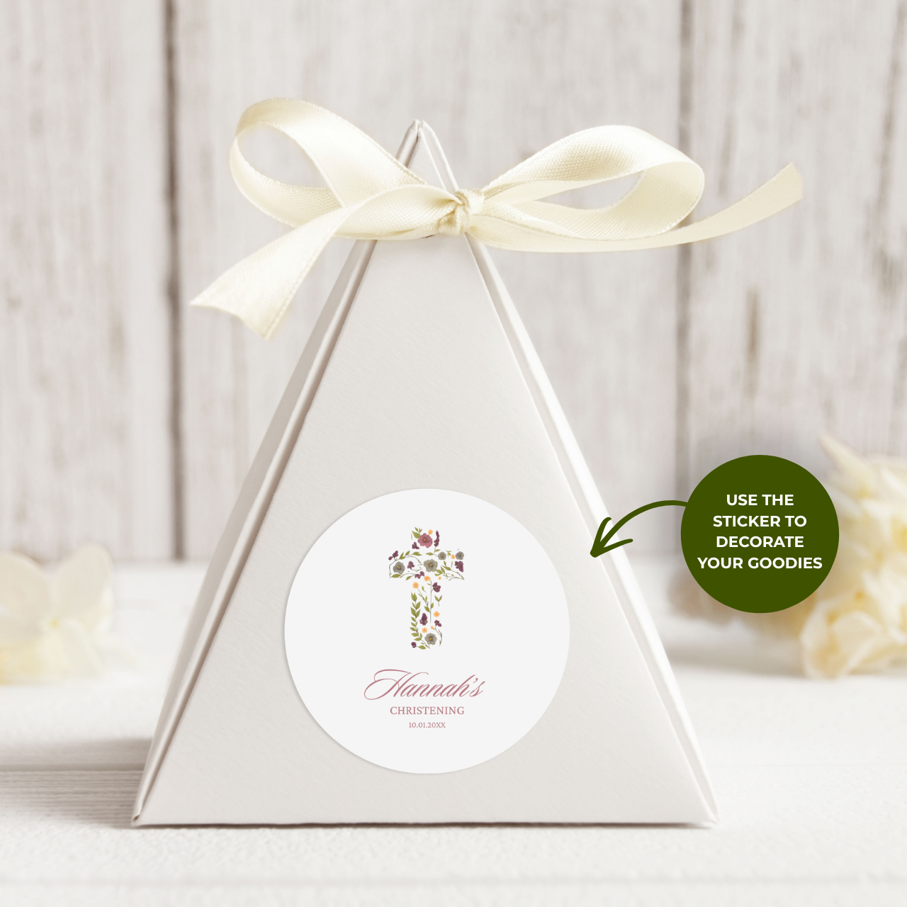 Floral Cross Christening | Name & Date | Personalized Baptism Stickers