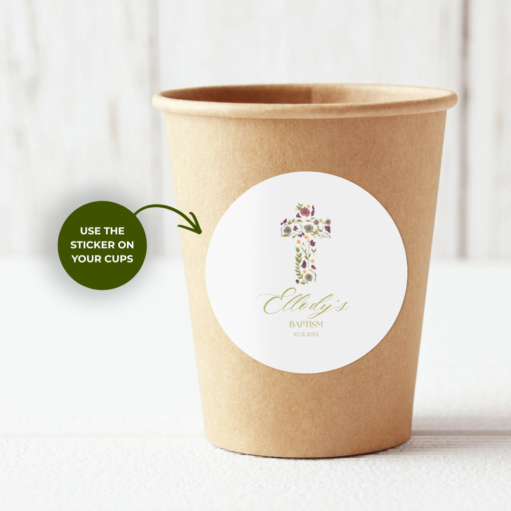 Floral Cross Christening | Name & Date | Personalized Baptism Stickers