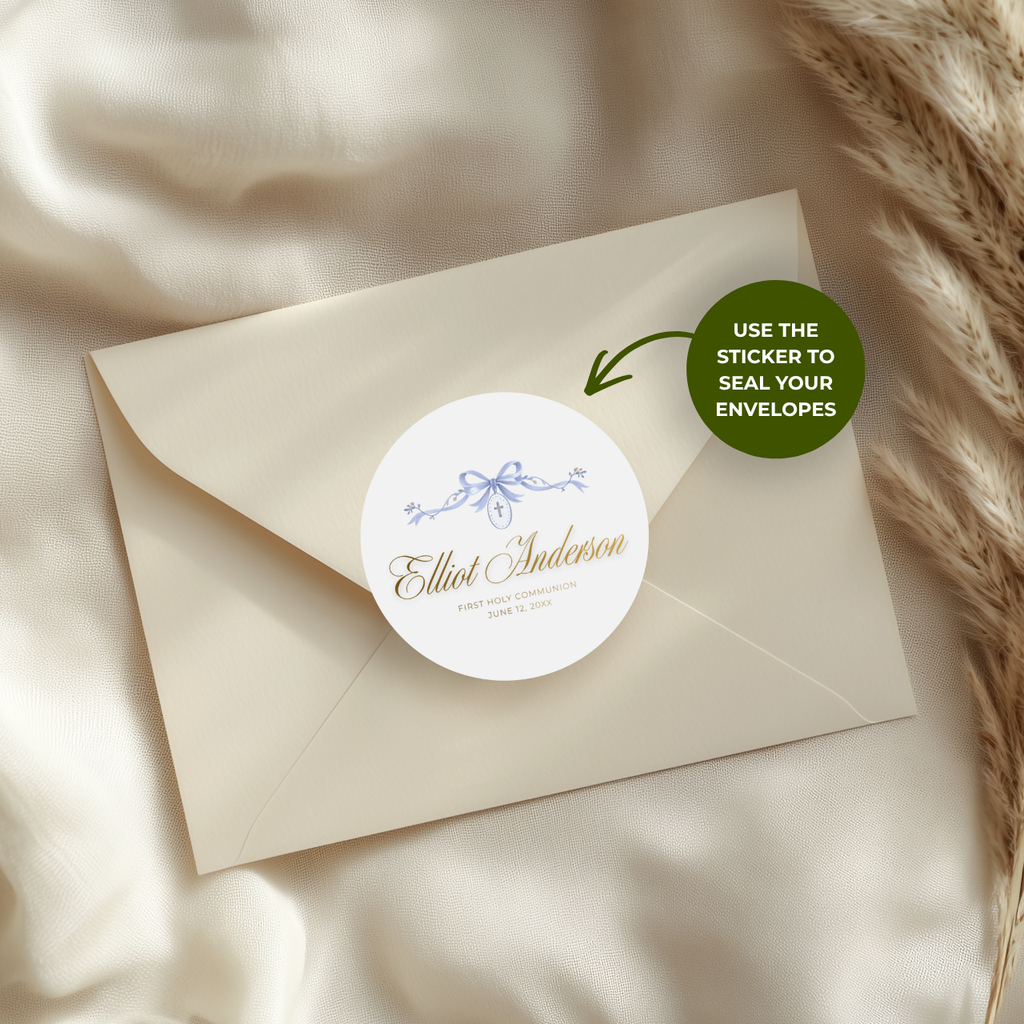 Ribbon & Cross Medallion | Name & Date | Personalized Baptism Stickers