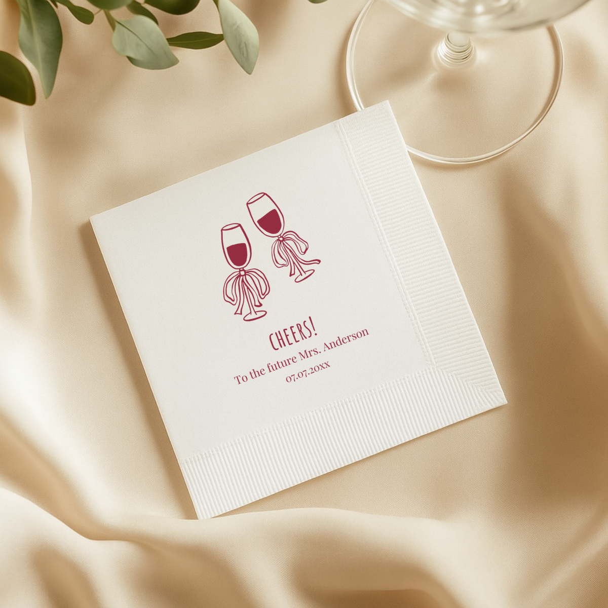 Custom bridal shower napkins with the Cheers Wine Glasses design