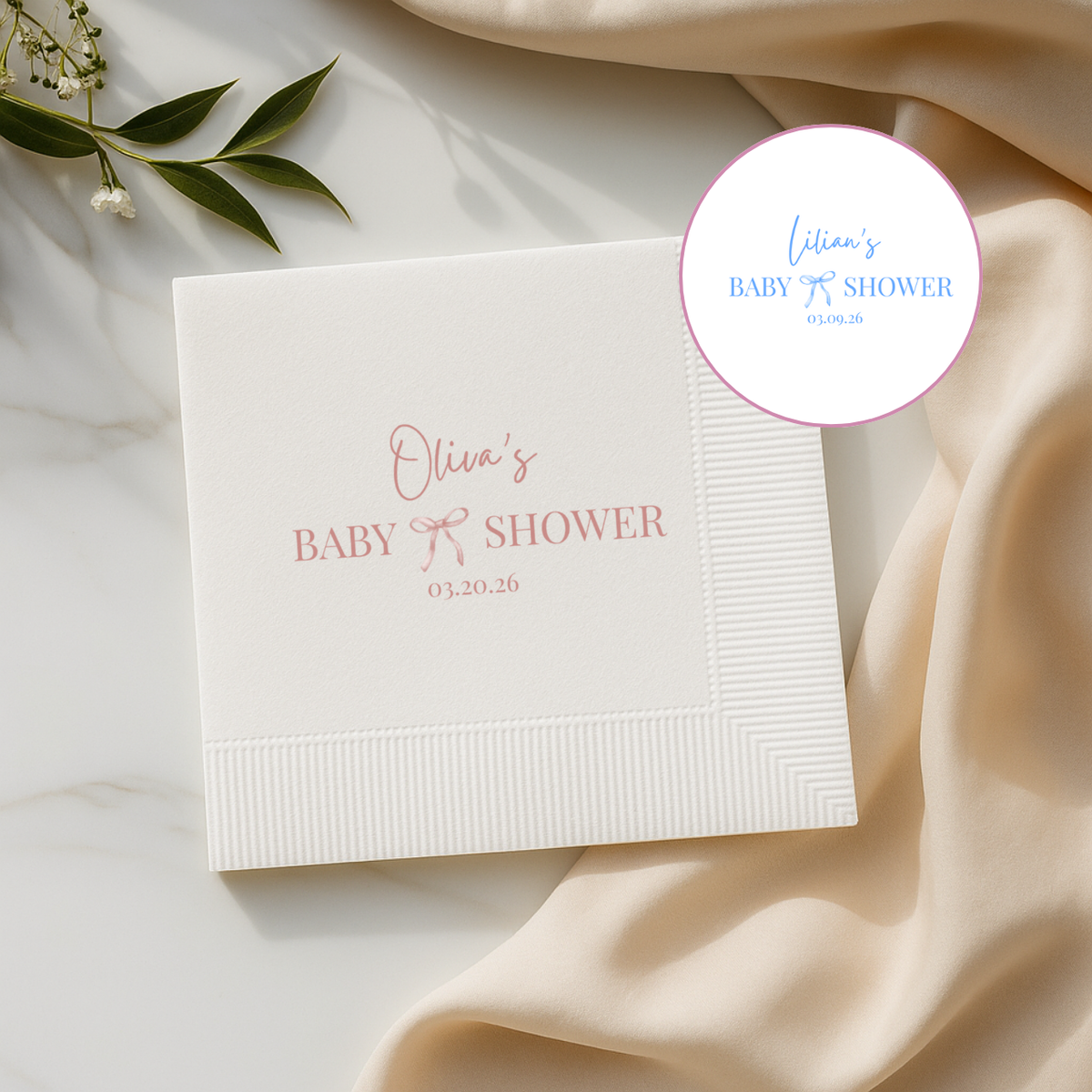 Custom baby shower napkins with the Coquette Bow design