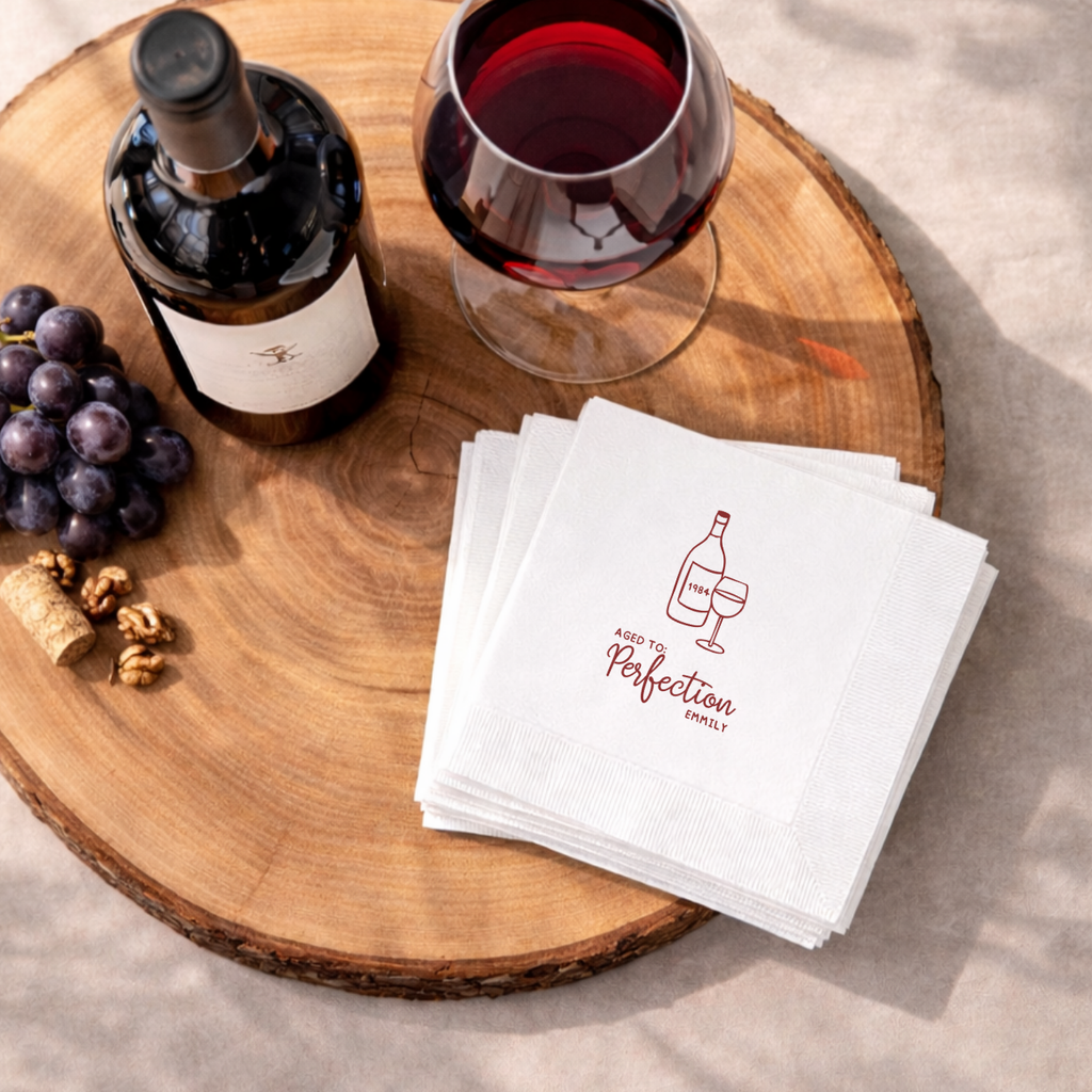 Close-up of the Vintage Year Bottle design on personalized birthday napkins