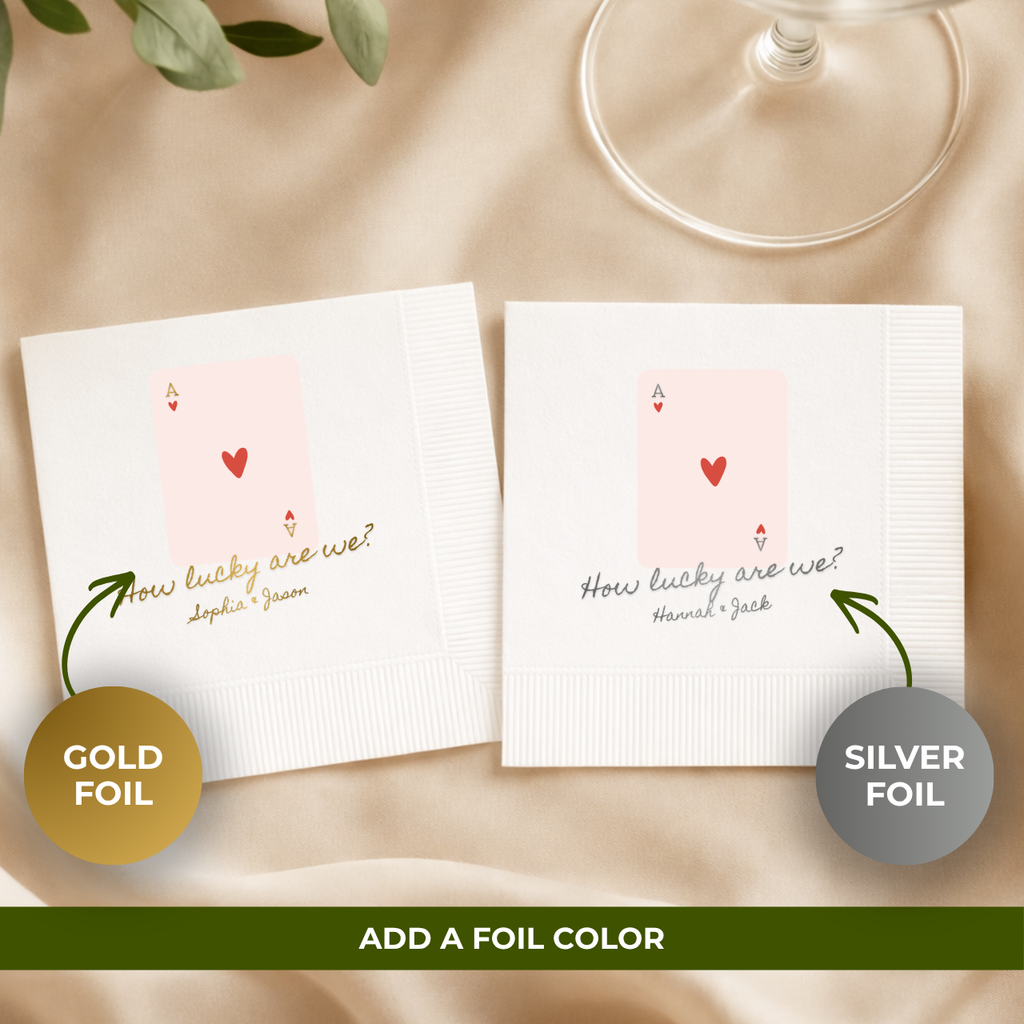 Ace Of Hearts rehearsal dinner napkins styled on a party table
