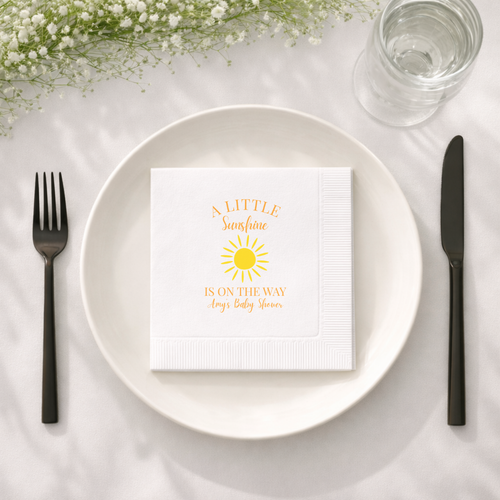 Custom baby shower napkins with the A Little Sunshine Is On The Way design