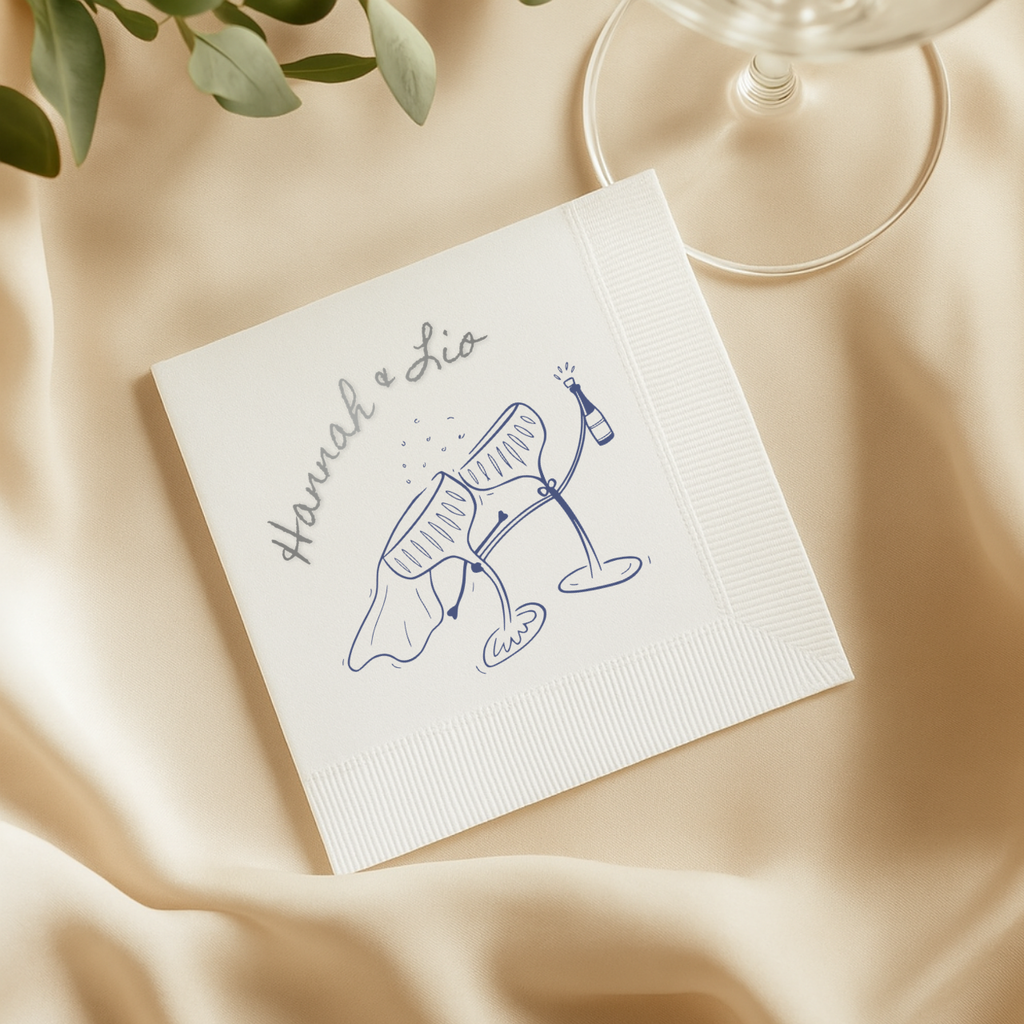 Whimsical Champagne Coupes | Names & Date | Personalized Wedding Napkins